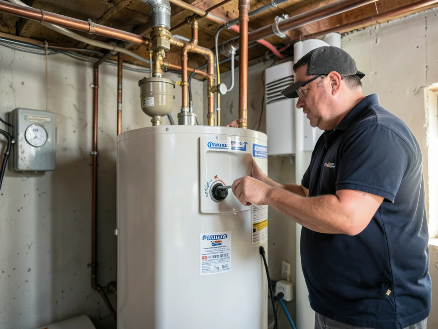 Plumber servicing a residential water heating or piping system in Palmyra, PA