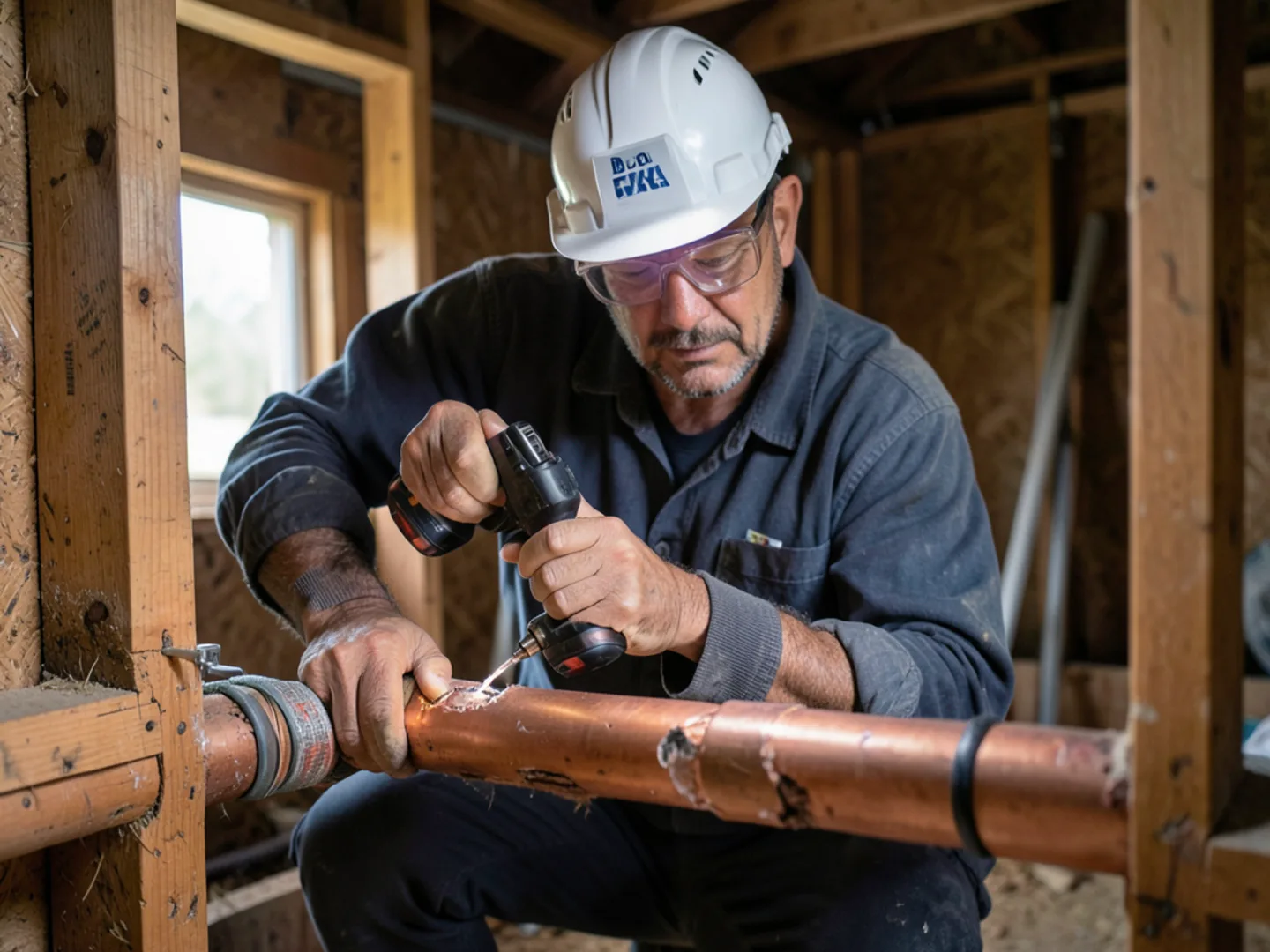 Technician installing quality replacement components for frozen pipe repair