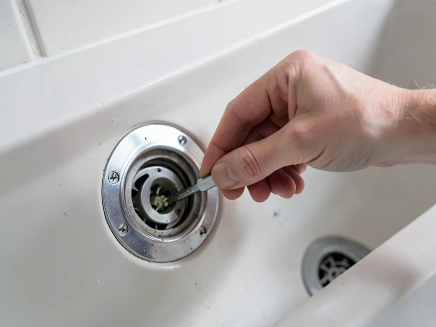 Plumber diagnosing garbage disposal repair issue with professional testing tools in Lebanon County