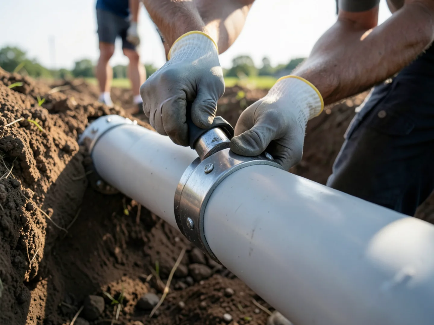 Technician installing quality replacement components for sewer line replacement